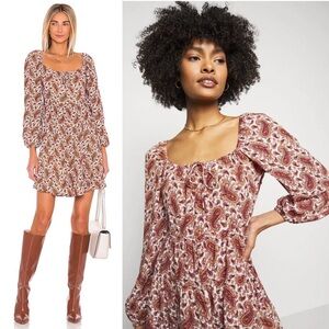 FAITHFUL BRAND‎ Paisley Puff Long Sleeve Tie Neck Tier Ruffle Babydoll Dress S